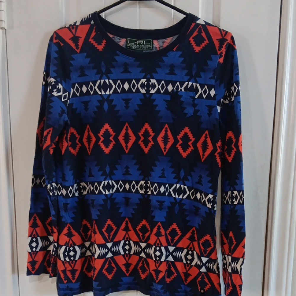 Ralph Lauren Blue and Red Geometric Long Sleeve Top